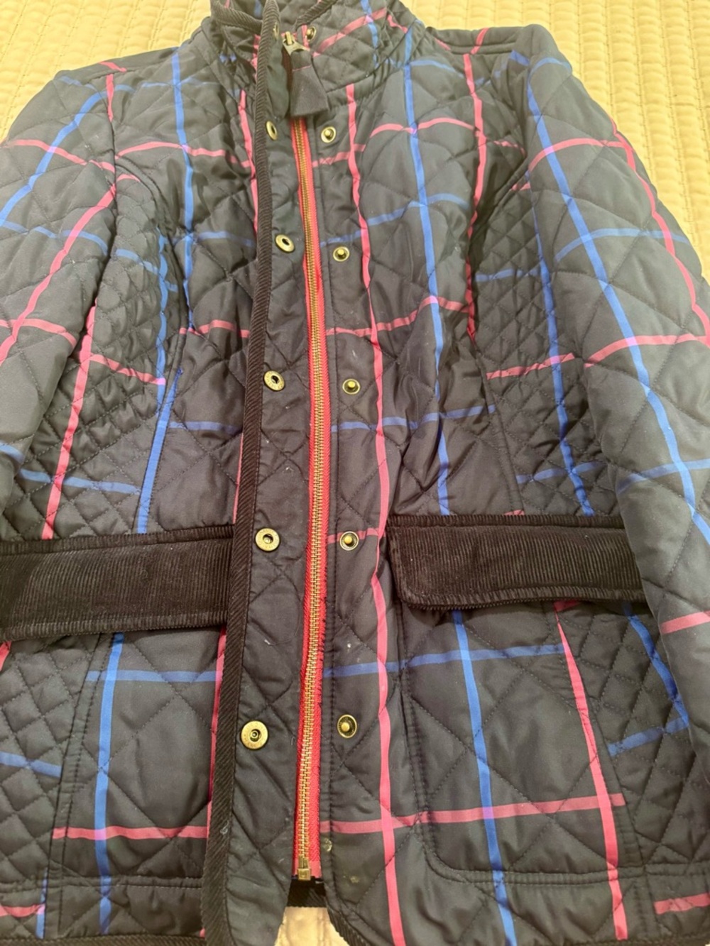 Joules Quilted Jacket US 8 Navy Check Corduroy Trim Equestrian Barn Coat - Picture 8 of 12